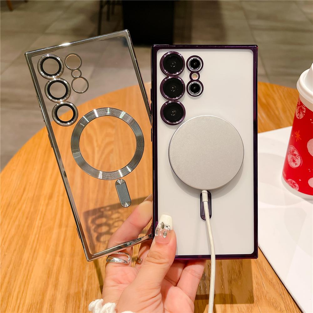 Magnetic Wireless Charge Plating Case For Samsung S25 S24 Ultra S23 S22 Plus S21 FE Note 20 10 Transparent Soft Shockproof Cover