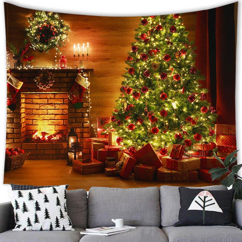 Merry Christmas Christmas Tree Fireplace Printed Pattern Tapestry Home Living Room Bedroom Background Wall Decoration Tapestry