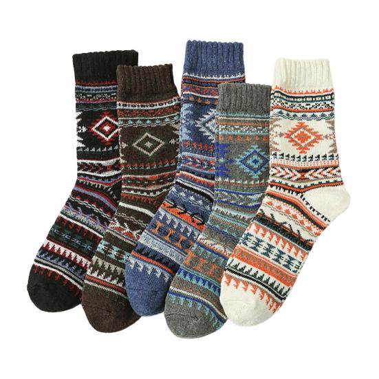 5 Pairs Men Winter Socks Mid-tube Thick Thermal Insulation Ethnic Style Home Bedroom Wear Floor Socks Colorblock Anti-slip Knitted Daily Wear Socks