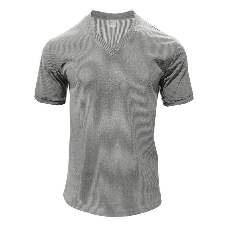 Men's Corduroy T Shirt, V Neck Short Sleeve Solid Color Slim Fit Casual Summer Tee