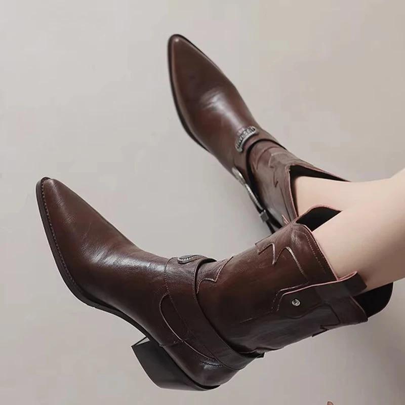 Модные женские сапоги с острым носком и средней высотой каблука, обувь на среднем каблуке 2024 года, дизайнерские новые ботинки челси, туфли-лодочки, сексуальные готические брендовые женские сапоги