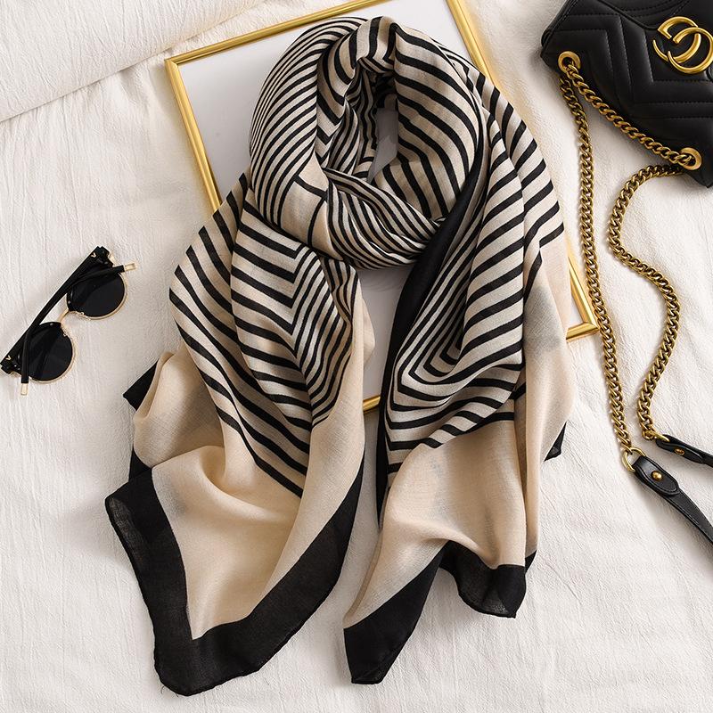 Classic Black White Striped Scarf Elegant Thin Breathable Silky Shawl Spring Summer Sunscreen Soft Beach Towel