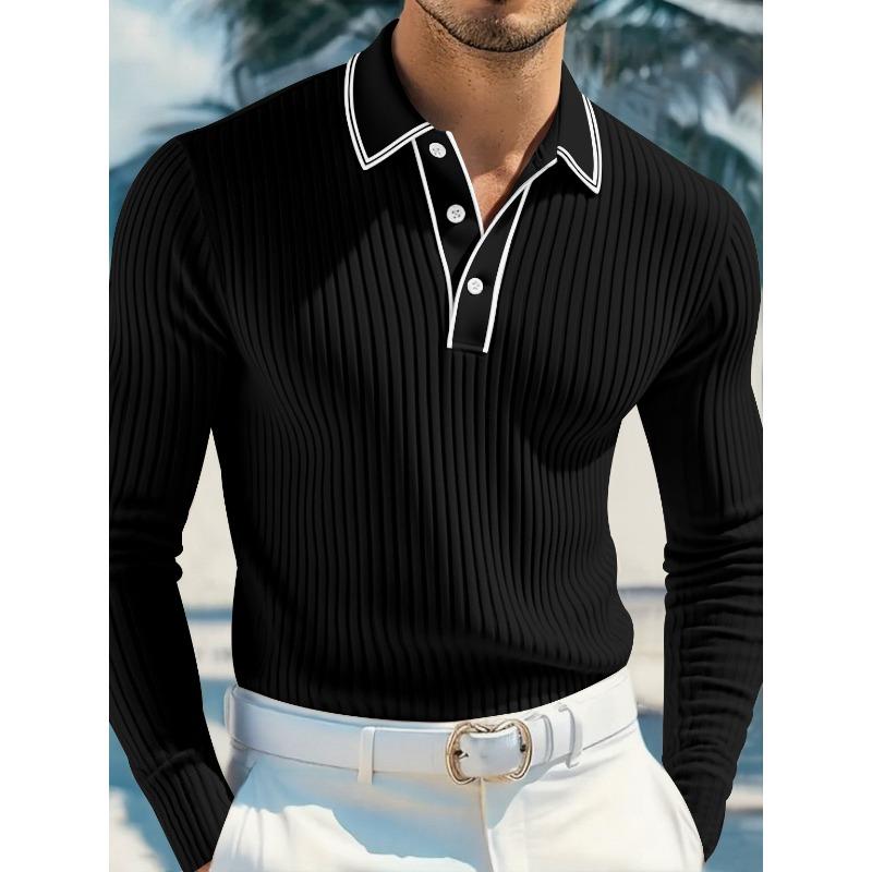 Men's White Ribbed Knit Contrast Trim Long Sleeve Polo Shirt