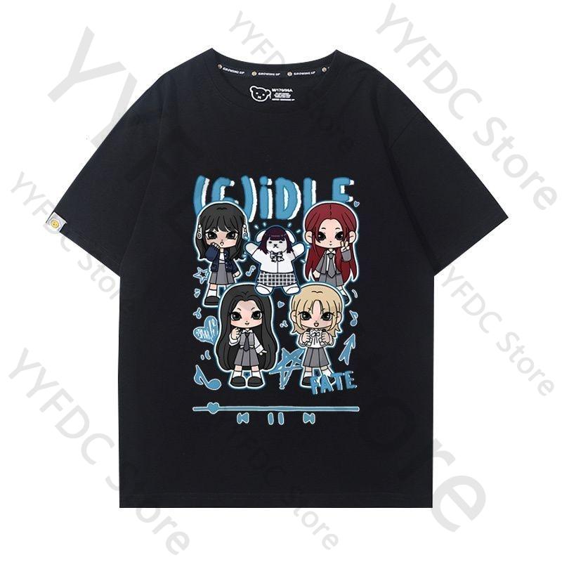 Gidle IDLE T Shirt MIYEON MINNIE Soyeon YUQI SHUHUA Cartoon Print Tshirt Women Unisex Fashion Summer Cotton Short Sleeve Tee Tops
