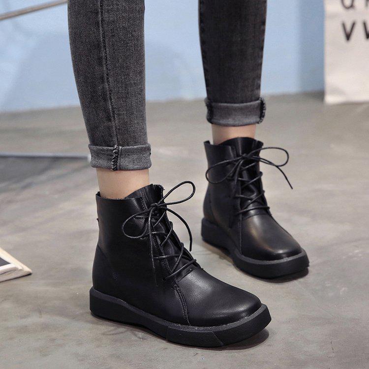 Fashion Women PU Leather Ankle Boots Ladies Retro Shoes Woman Flats Lace Up Light Weight Soft Bottom Sewing Women's Shoes New