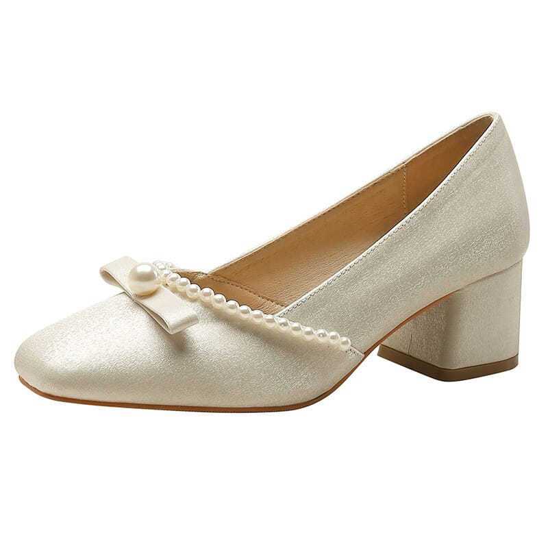 Французский толстый каблук квадратный носок бант жемчуг легкий вырез вечерний бриз нежные одинарные туфли весна и осень ретро туфли Мэри Джейн женские