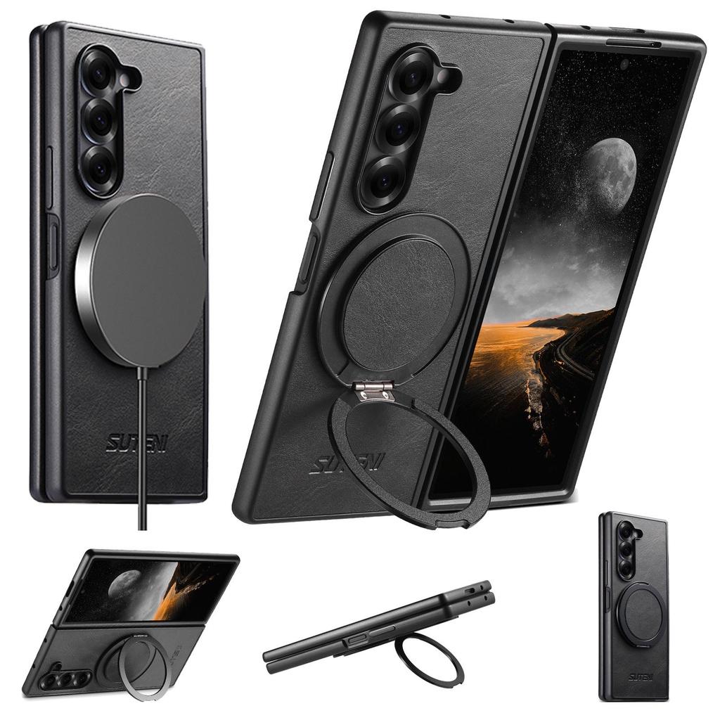 Кожаный чехол с магнитной беспроводной зарядкой для Samsung Z Fold 7/6/5 с вращающейся на 360° подставкой-кольцом