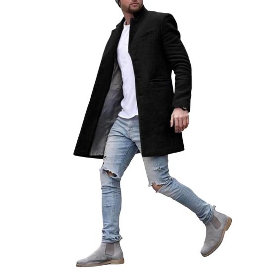 Men Woolen Coat Lapel Long Sleeve Mid-length Overcoat Solid Color Single Breasted Long Outwear with Side Pockets