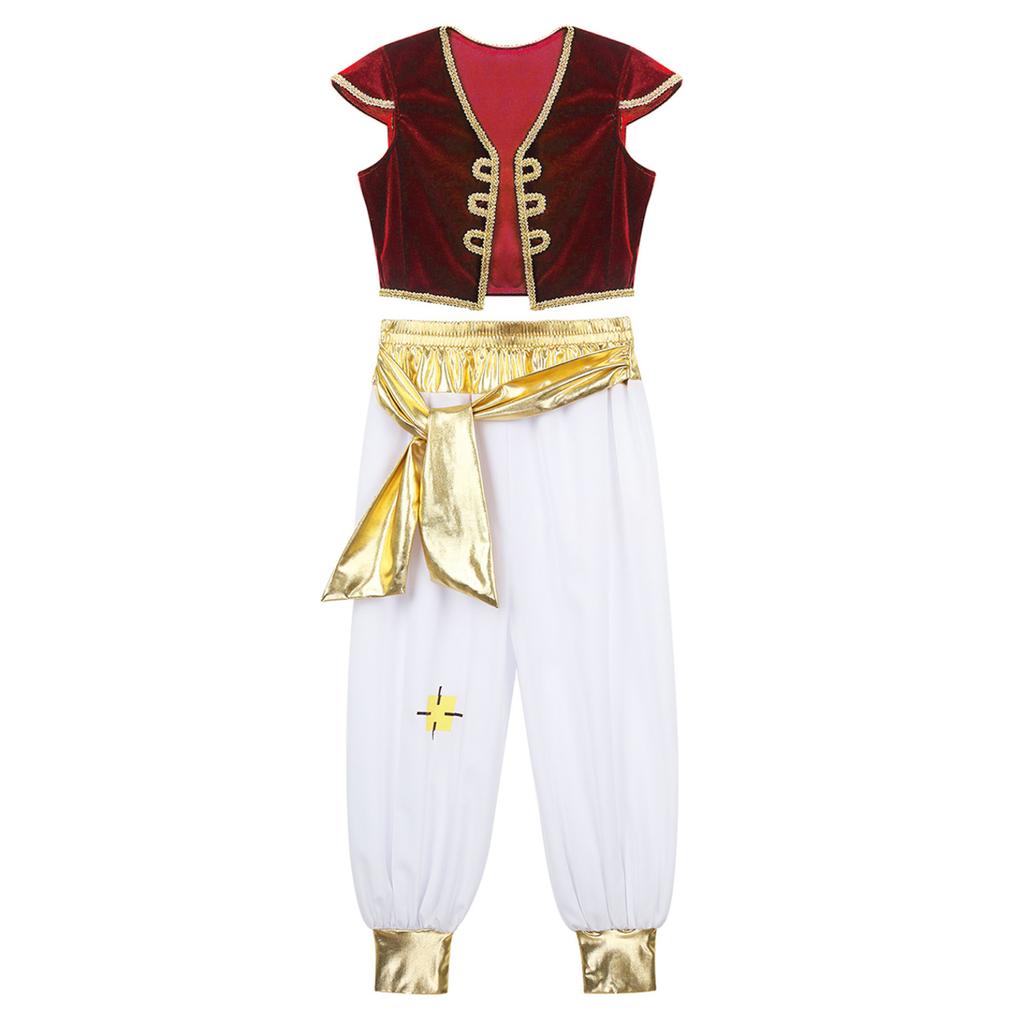 Kids Boys Arabian Prince Costumes Cap Sleeves Vest Waistcoat with Pants Set for Halloween Carnival Cosplay Theme Party