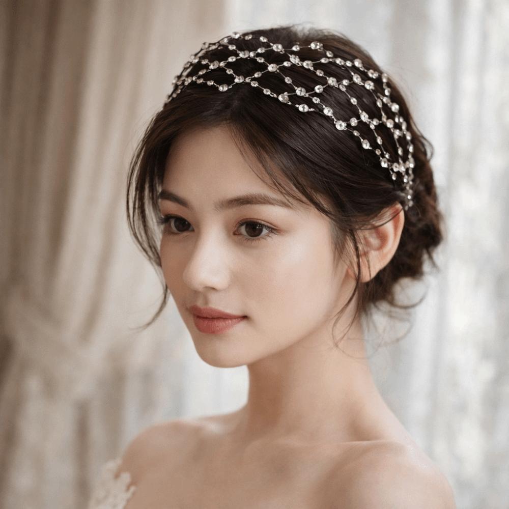 Handmade Rhinestone Tiara Wedding Headpieces Bride Hair Bands Classic Hair Net Crown Women