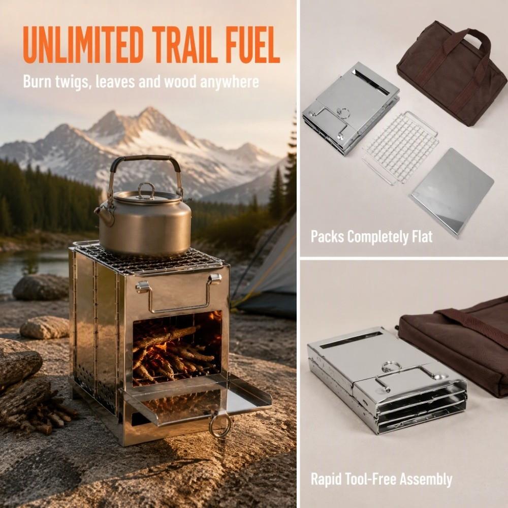With Grill Camping Wood Stove Folding Box Stove Portable Wood Burning Stove Hiking