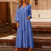Women's Fashionable Solid Color V-neck Long Sleeved Loose Button Cotton Linen Retro Large Swing Long Casual Dress