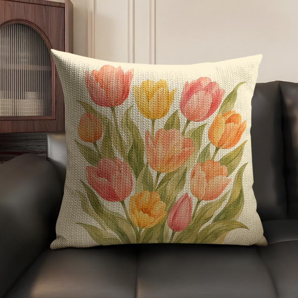 Tulip Flower Cushion Cover Breathable Linen Organic Fabric DoubleSided Printing Sofa Pillow Case Home Decor