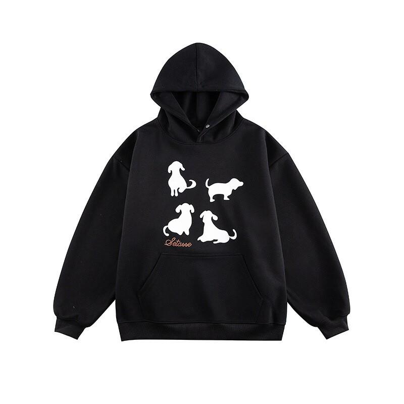 Unisex Oversized Hoodie With Vintage Dog Print - Japanese Streetwear Style Cotton Blend Casual Wear