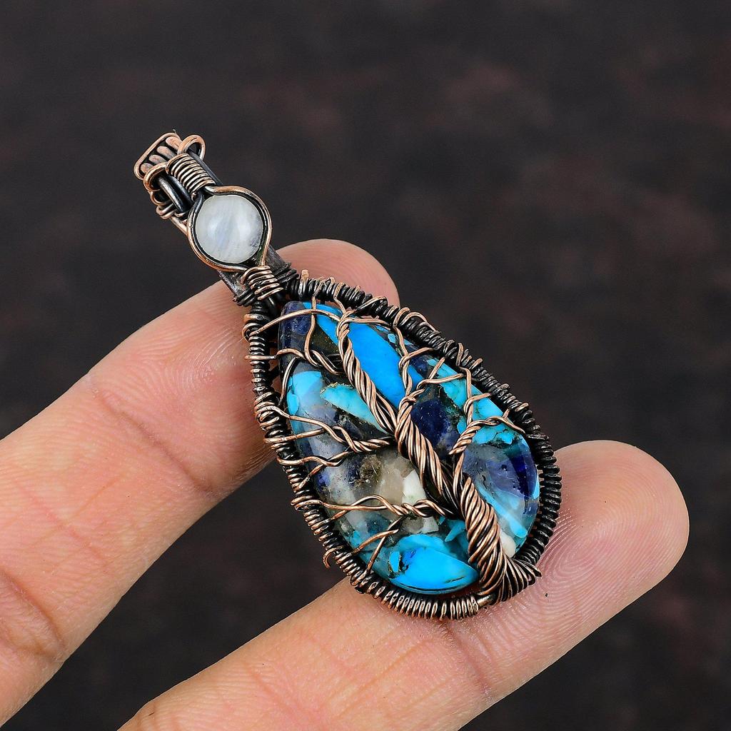 Древо Жизни Медный Синий Бирюзовый Кулон Медная Проволока Обернутый Лунный Камень Кулон Ручной Работы Женские Ювелирные Изделия Драгоценный Камень Медь Ювелирные Изделия Подарок Для Нее