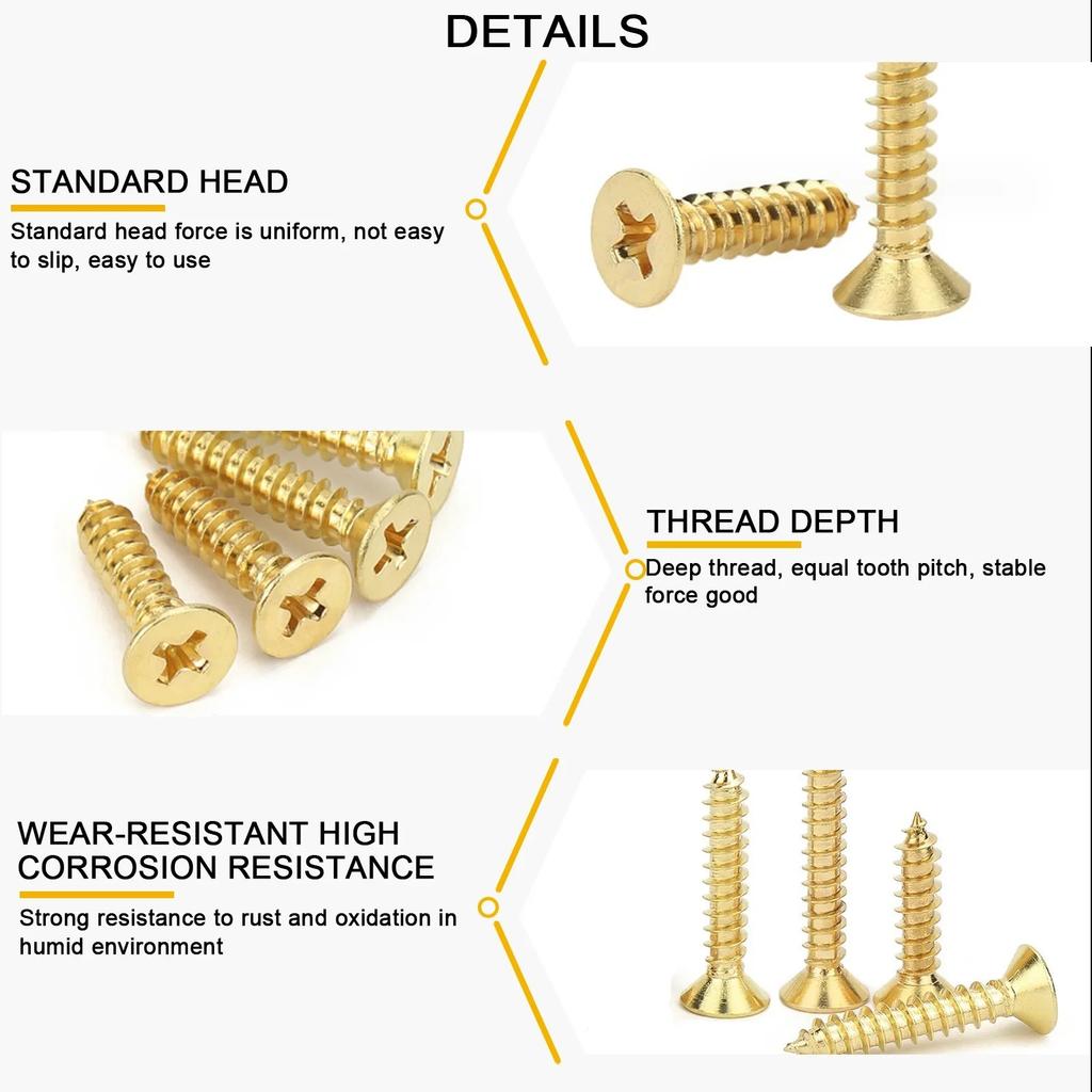 VKKM - Набор из 530 штук винтов с потайной головкой золотистого цвета, спецификация M3, подходит для столярных работ
