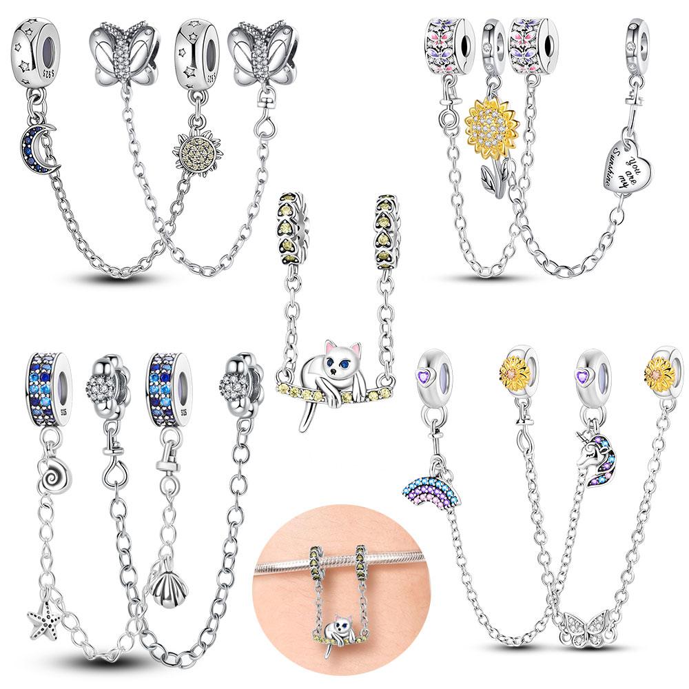Защитная цепочка, подвески, бусины «Солнце и Луна», подходят для оригинальных браслетов, женские ювелирные изделия «сделай сам», посеребренный браслет в виде бабочки и сердца