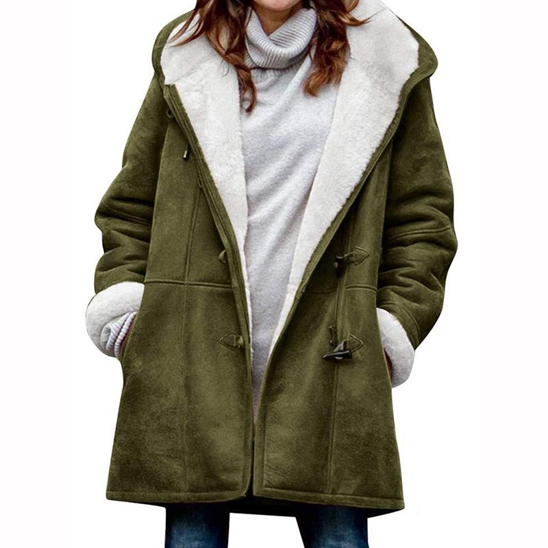 Coat Women's Jacket Cow Horn Buckle Pockets Fleece Lined Hooded Overcoat Outerwear Winter Women