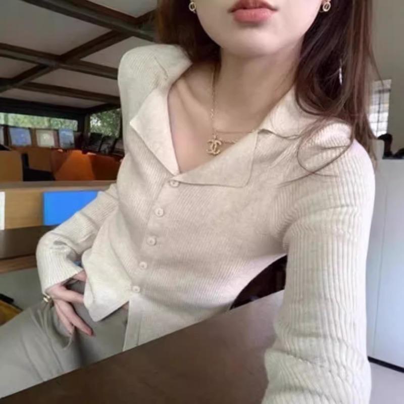 Шикарный вязаный свитер с воротником поло, весенний, приталенный, в стиле Spice girl, с длинными рукавами, темпераментный топ