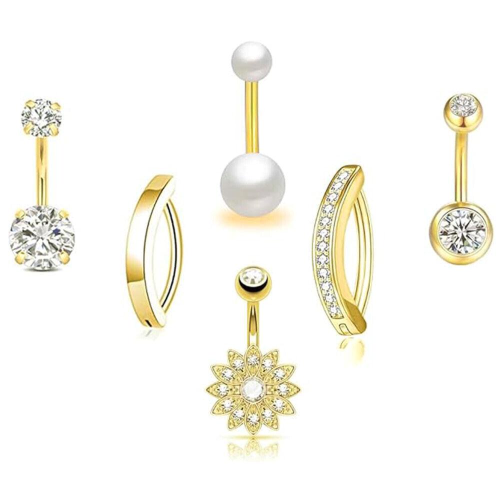 6Pcs Belly Button Ring Surgical Steel Hypoallergenic Belly Rings CZ Clicker Belly Button Piercings Kit for Women Dainty Navel Piercings Pack