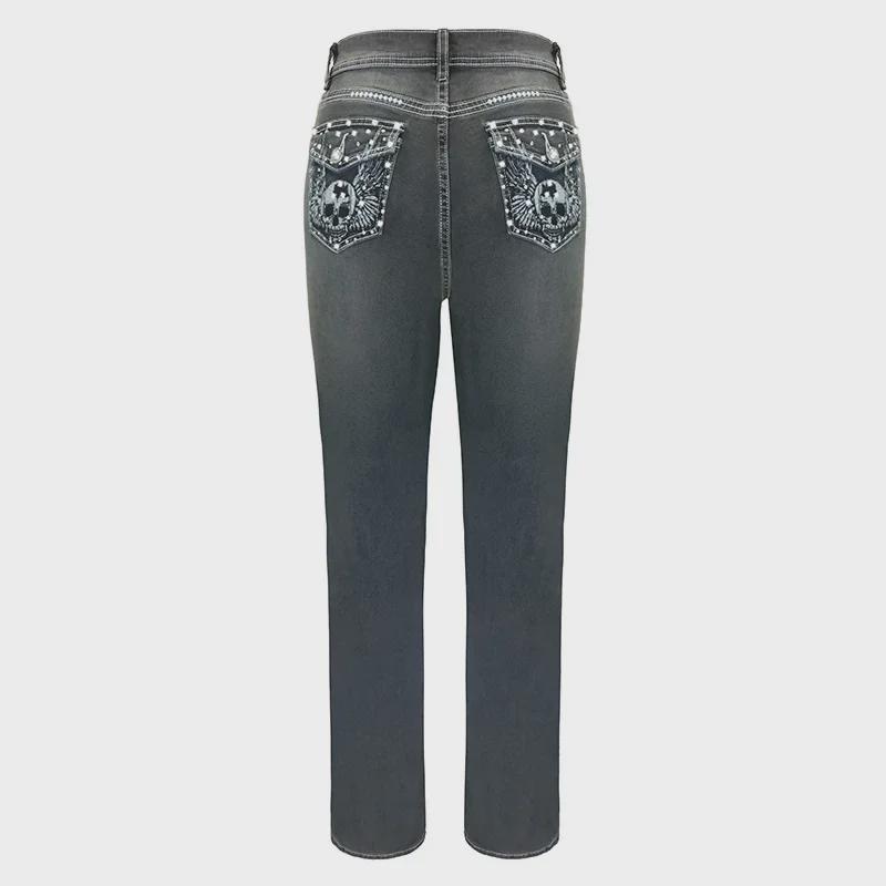 European Street Fashion Slim Fit Elastic Jeans with Embroidered Skull and Hot Diamond Design for Women