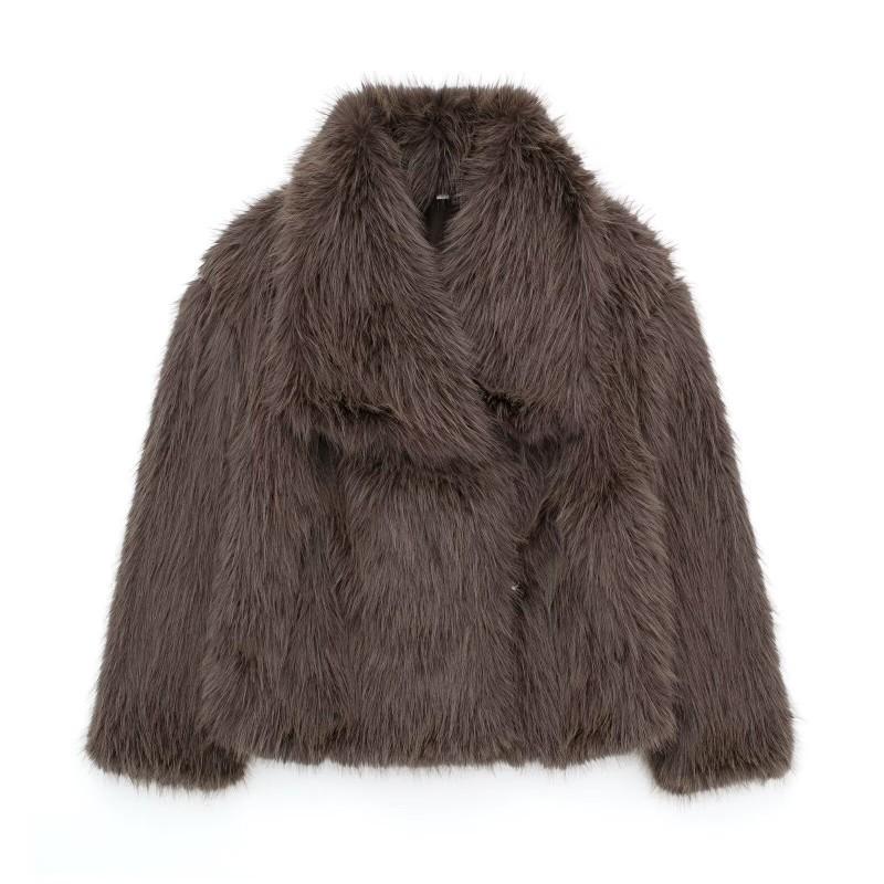 Womens Winter Faux Fur Coat With Lapel Collar Street Style Outerwear Black Beige Gray Brown Wine Red