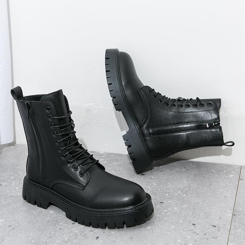 Black Ankle Boots for Men Lace-up Zipper Pu Safety Shoes Motorcycle Boots Gray Brown Platform Boots