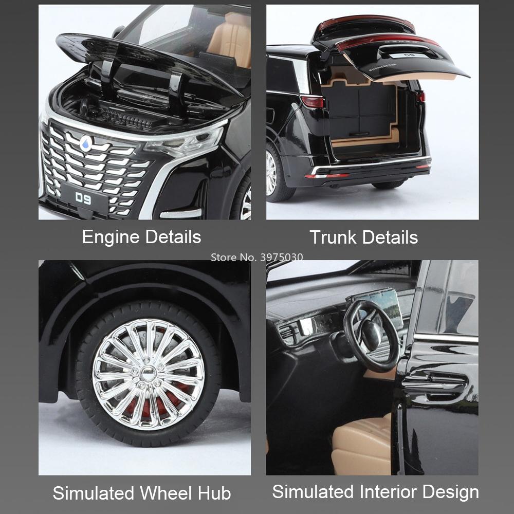 1:24 Scale Denza D9 AITO M9 Alloy Models Toys Diecast Cars 6 Doors Opened Miniature MPV Business Vehicles for Kids Birthday Gift