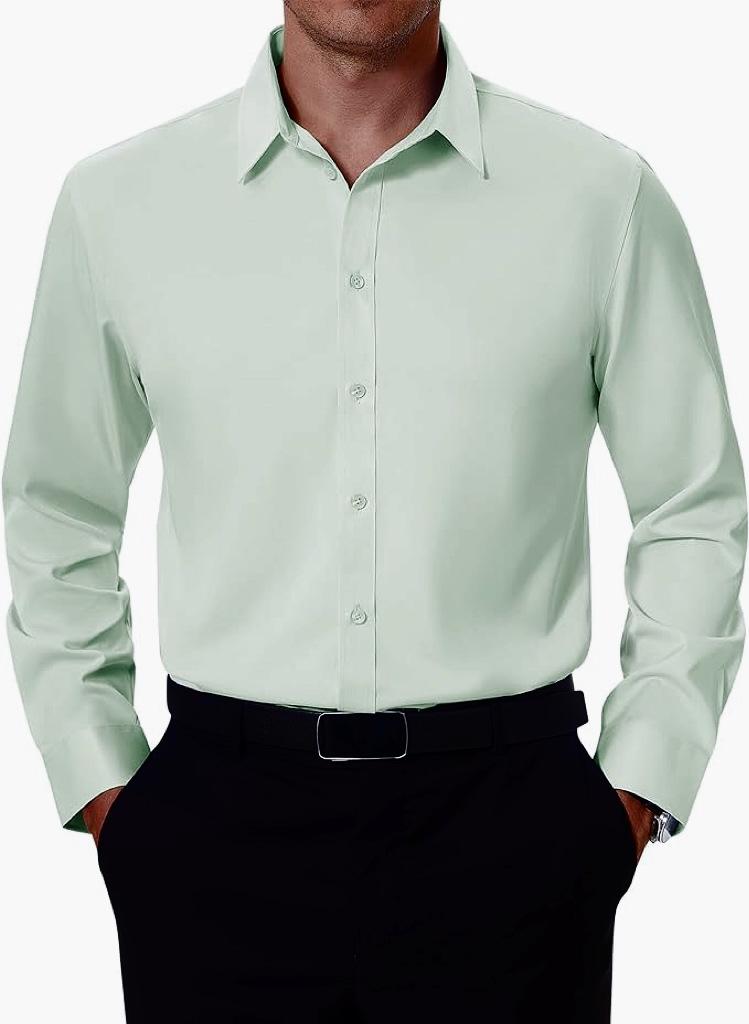 Мужская рубашка с четырехсторонней эластичностью business casual с пуговицами длинный рукав однотонная не требует глажки