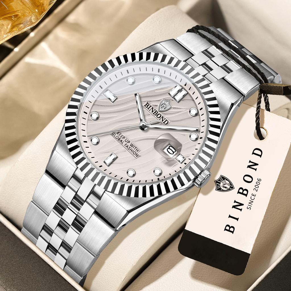 BINBOND New OrIginal Quartz Watches For Men Waterproof Luminous Precise Auto Date Stainless Steel Men's Watch Luxury Reloj