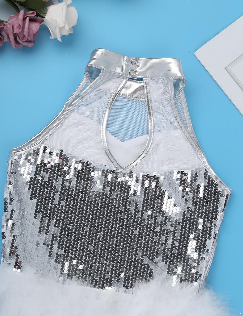 Kids Girls Ballet Latin Dance Costumes Sleeveless Sequins Mesh Splice Cutout Back Leotard Jumpsuit