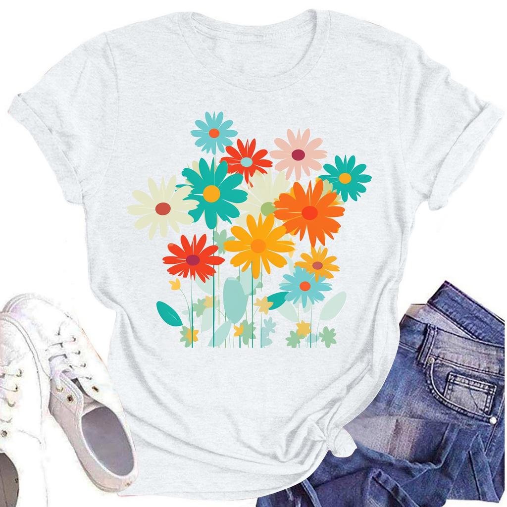 Женская повседневная футболка с круглым вырезом и цветочным принтом, короткий рукав