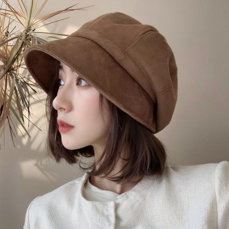 Hat Women's Autumn and Winter Literary Retro Versatile Suede Cold Hat Showing Face Small Octagonal Hat Japanese Fisherman Hat