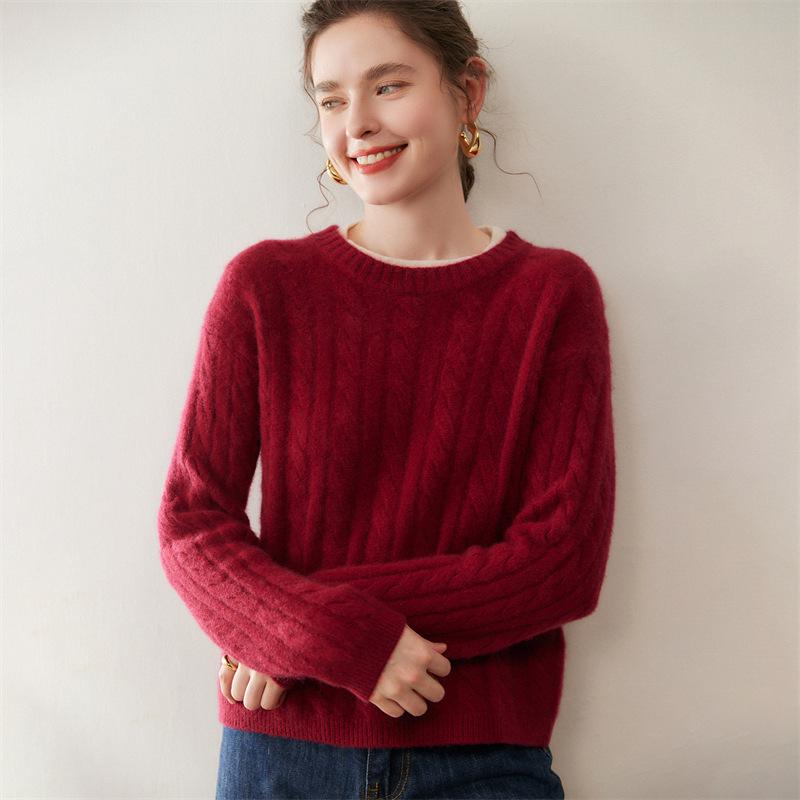 Elegant Women's Color-Block Cable Knit Cashmere Sweater, Round Neck Pullover, Autumn/Winter Style Base Layer Top