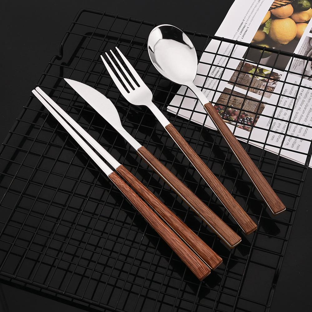 16Pcs Gold Flatware Cutlery Set Chopsticks Knife Fork Spoon Set Imitation Wooden Handle Korean Dinnerware Luxury Tableware