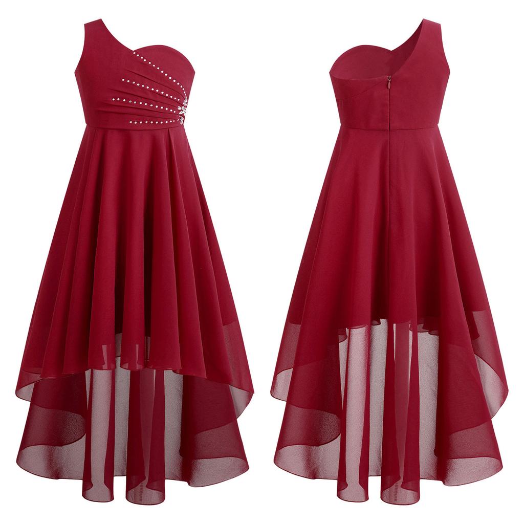 Детское праздничное платье с блестящими стразами для девочек и бисером, без рукавов на одно плечо, шифоновое платье для подружки невесты на свадьбу, вечернее платье для выпускного вечера