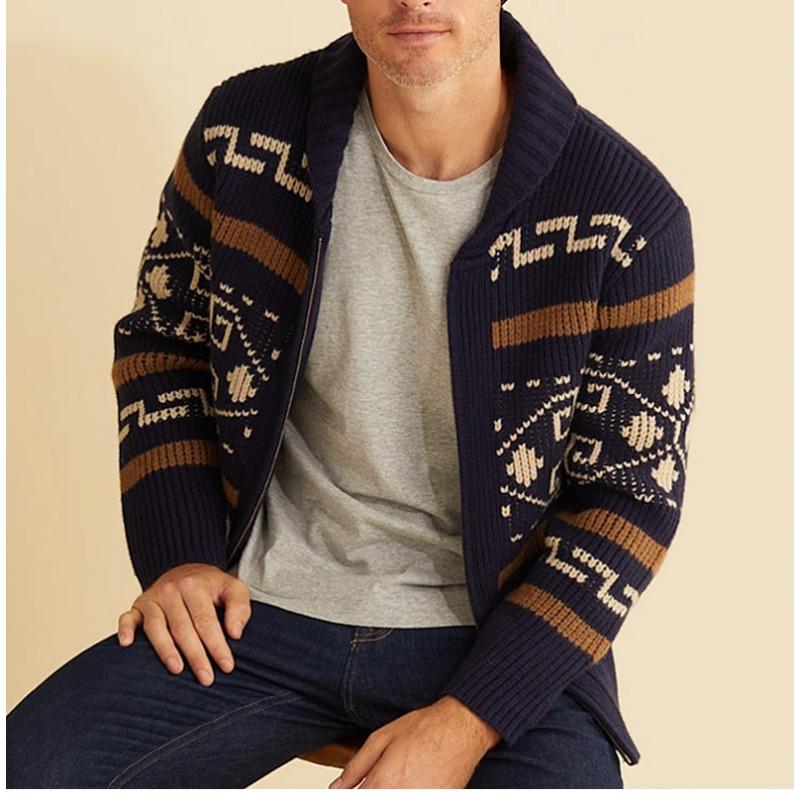 Autumn Winter New Men's Fashion Lapel Casual Cardigan Coat Long Sleeve Slim Jacquard Knitted Sweater