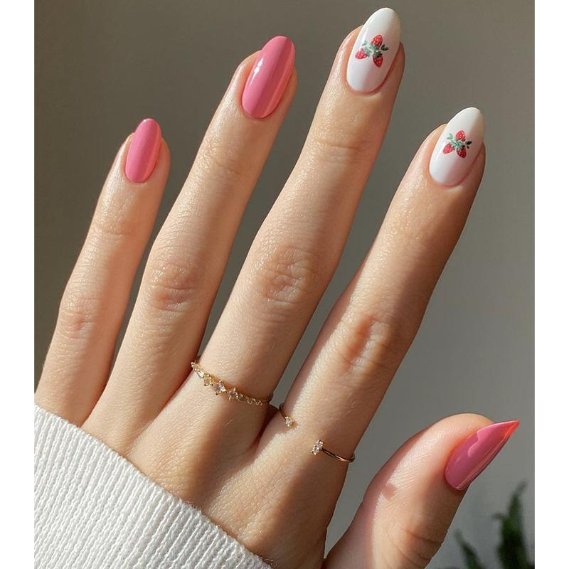 24Pcs Mid Length French Press On Nails Silver Edge Round Almond Shape Reusable False Nails Simple Wearable Manicure Tips