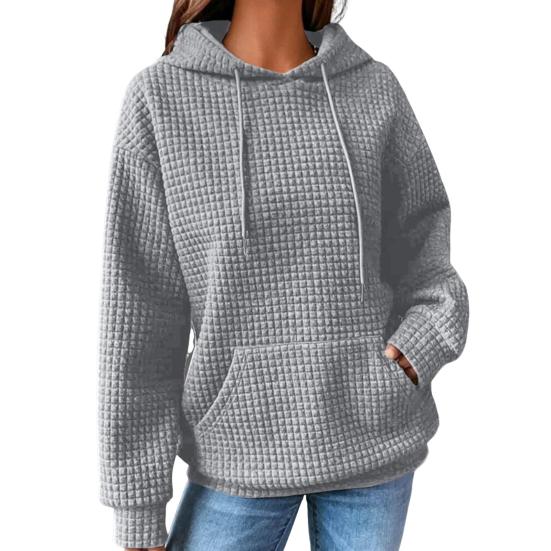 Осень-зима, женская однотонная толстовка с накладным карманом, цветная, свободная, на шнурке, с капюшоном, большая, толстая, теплая, с длинным рукавом, вафельная