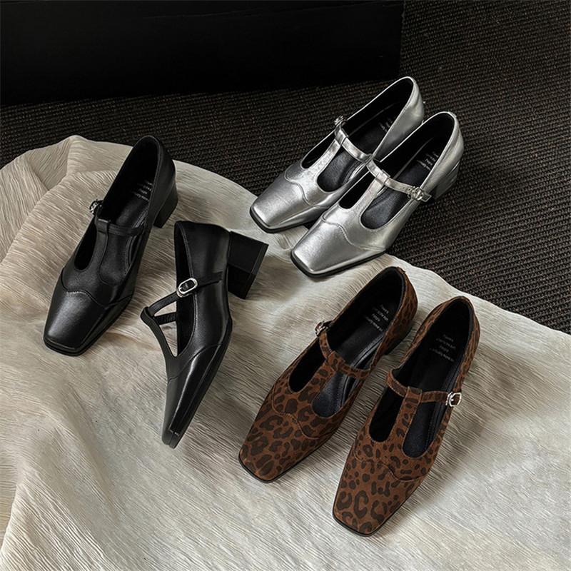 Модная новая весенне-летняя обувь Мэри Джейн, туфли из натуральной кожи для женщин, модные туфли на высоком каблуке с квадратным носком, женские туфли-лодочки на массивном каблуке, серебристые