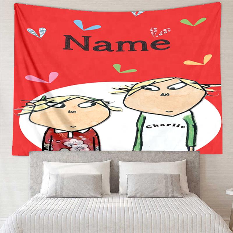 Custom Name Charlie and Lola Print Tapestry, Backdrop, Easy Setup, Ideal for Bedroom, Office & Living Room, with Aesthetic Wall Hanging Decor.