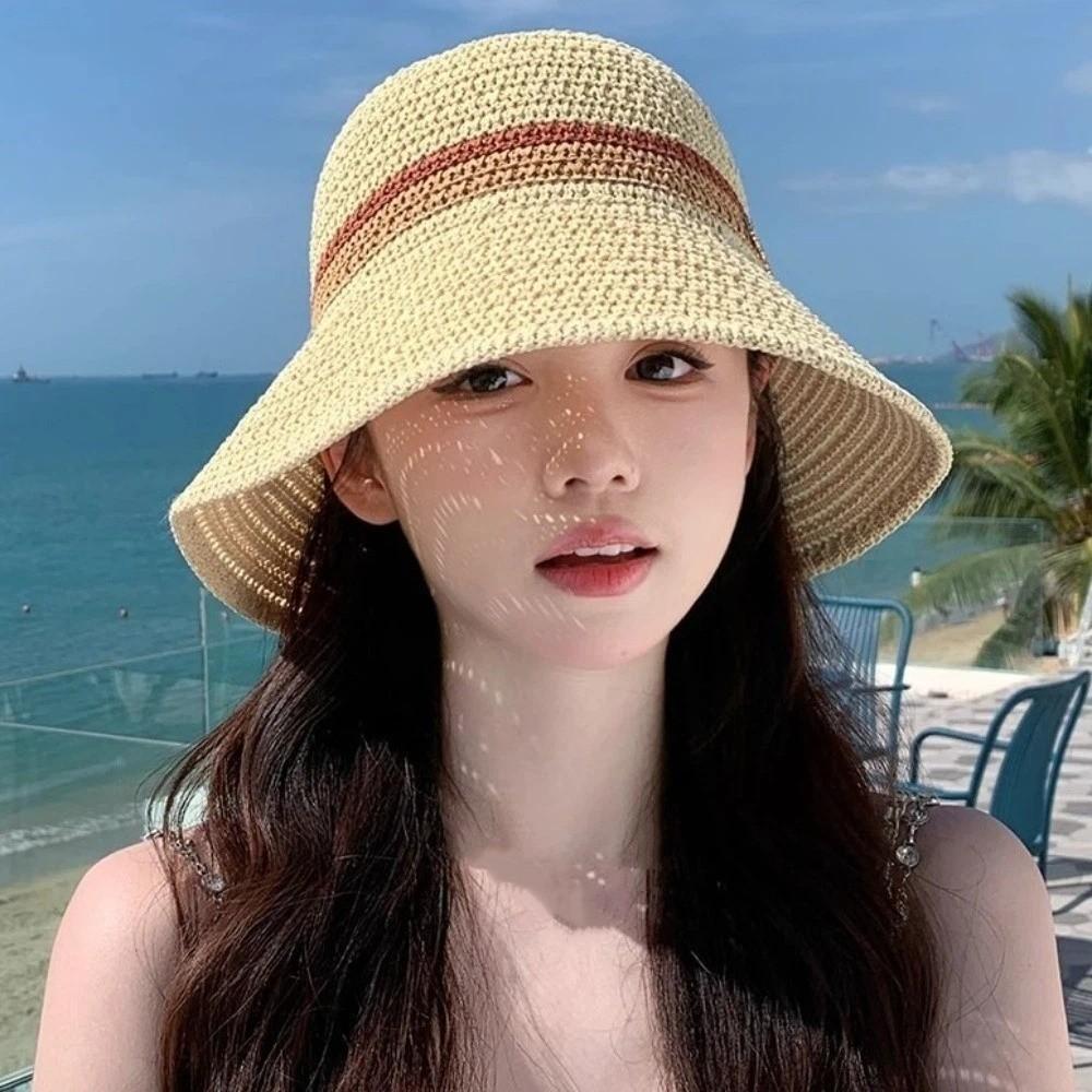 Flat Brim Wide Brim Bucket Hat Contrast Stripes Sun Hat New Hollow Straw Cap Beach Vacation