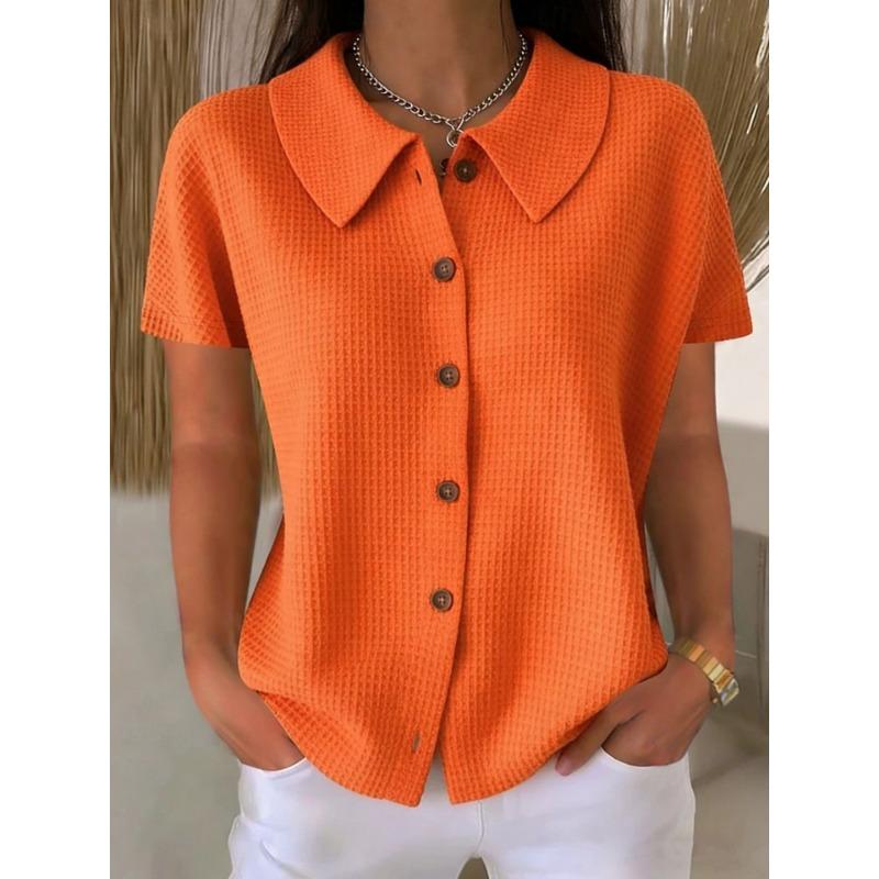 Womens Solid Waffle Lapel Casual Short Sleeve Button Shirt