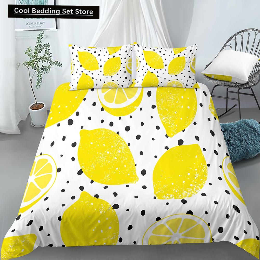 Постельный комплект с принтом лимонов Желто-зеленый Фруктовая тематика Розовый Пододеяльник Размер Кинг/Евро Милый Мультяшный 2/3 шт. Полиэстеровый Чехол для одеяла