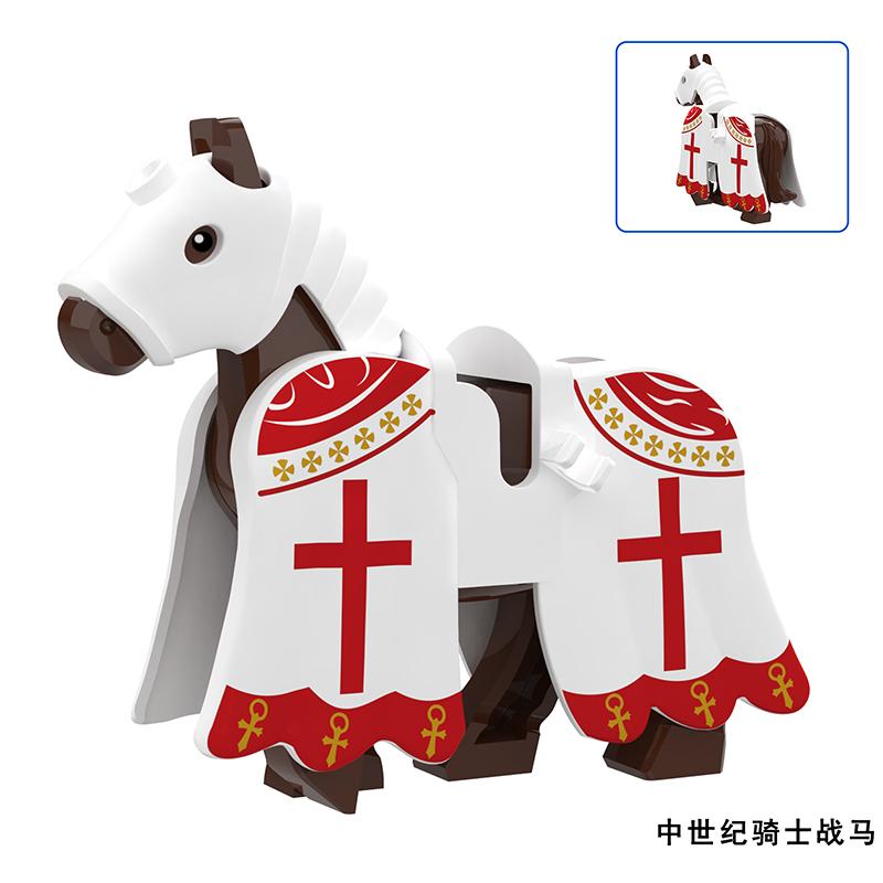 1pcs Medieval Horses Grey Bodies Blue Saddle Blankets White Horse Emblems Yellow Trims Building Block
