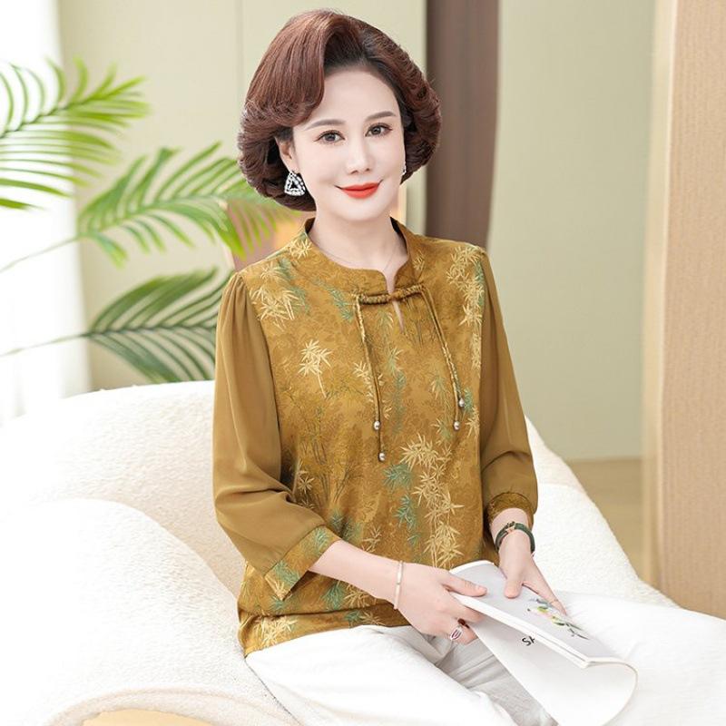 Летняя блузка с рукавами три четверти для мам, китайский темперамент, для женщин среднего и пожилого возраста, ретро-рубашка в стиле вестерн