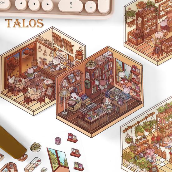 4 Set 3D DIY House Scene Stickers Stress Relief Decals Supermarket Coffee Shop Bookstore Sun Room Library Tear-resistant Surface Stickers