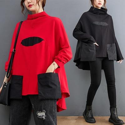 Женские топы больших размеров черного цвета свободного кроя с карманом, нерегулярные, больших размеров, водолазка, длинный рукав, весна-осень, лоскутное худи, свитшот