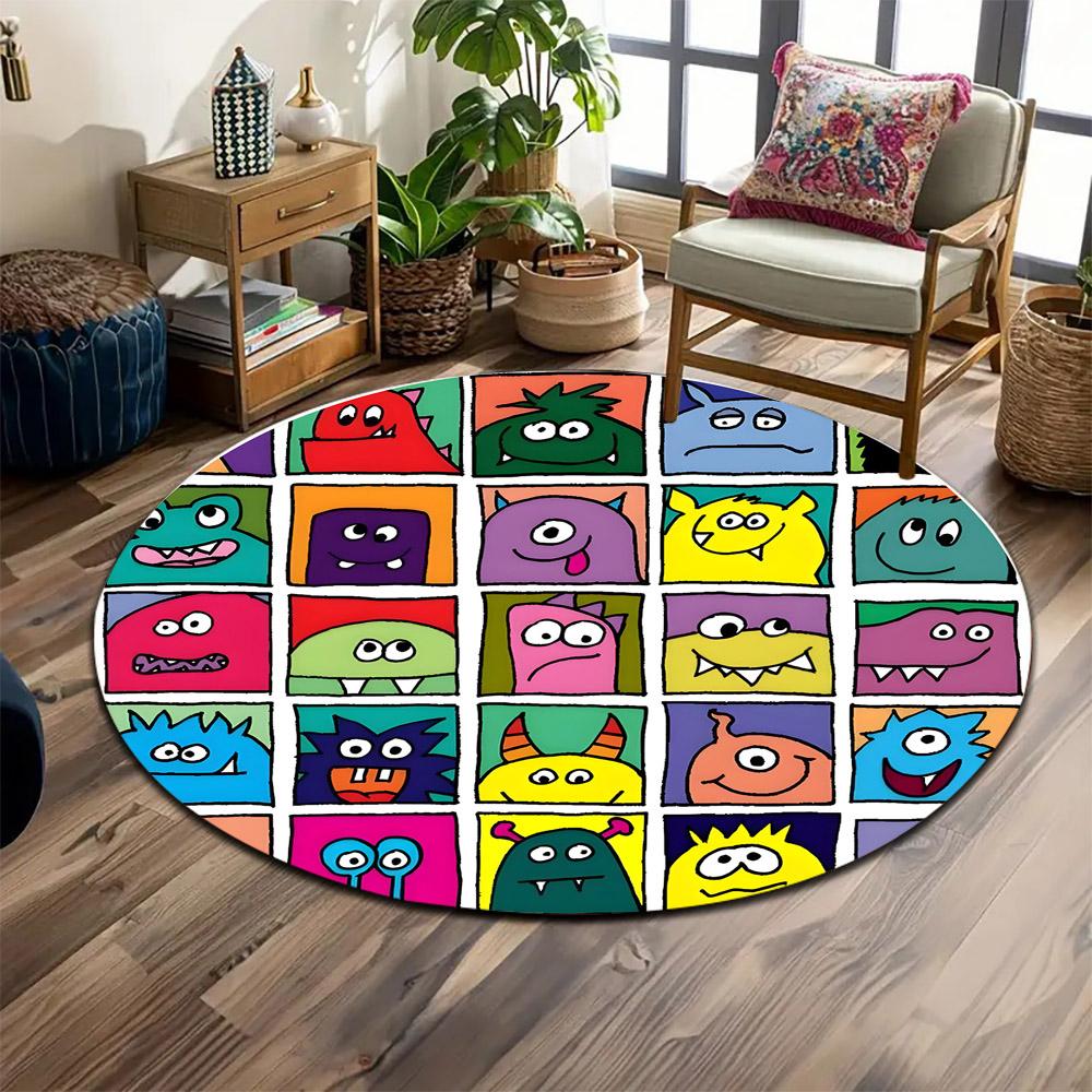 Colorful Cartoon Monster Faces Pattern Print round rug, living room, bedroom, playroom carpet, non slip floor mat, gift
