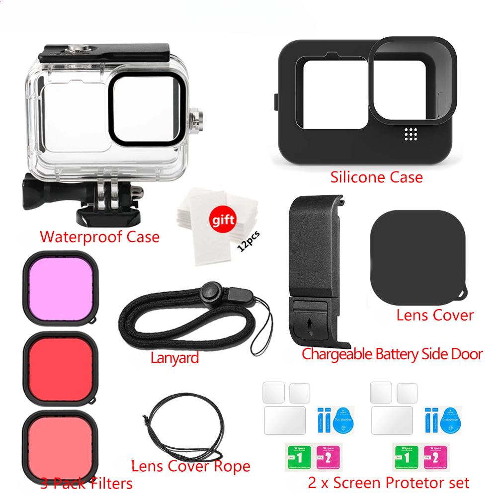 Водонепроницаемый корпус Силиконовый чехол-рукава Боковая крышка аккумулятора Фильтр для GoPro Hero 13 12 11 10 9 Экшн-камера Go pro Аксессуары